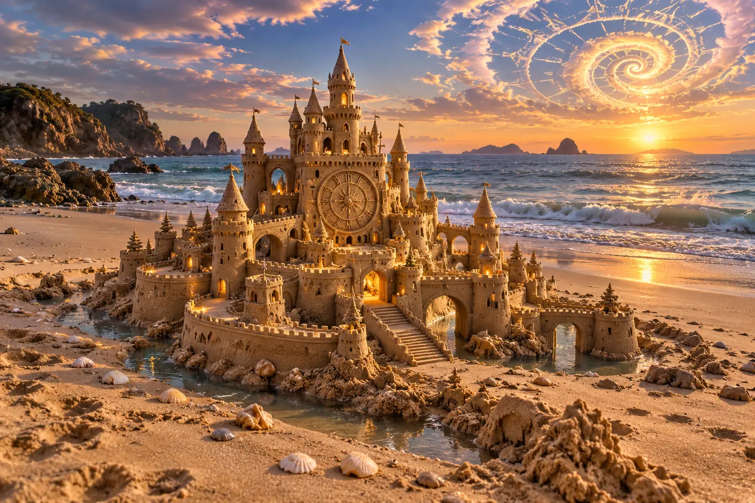 Golden Sandcastle Beneath a Celestial Clock.