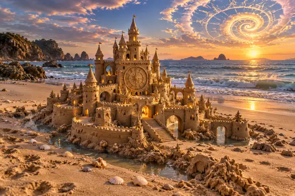 Golden Sandcastle Beneath a Celestial Clock.