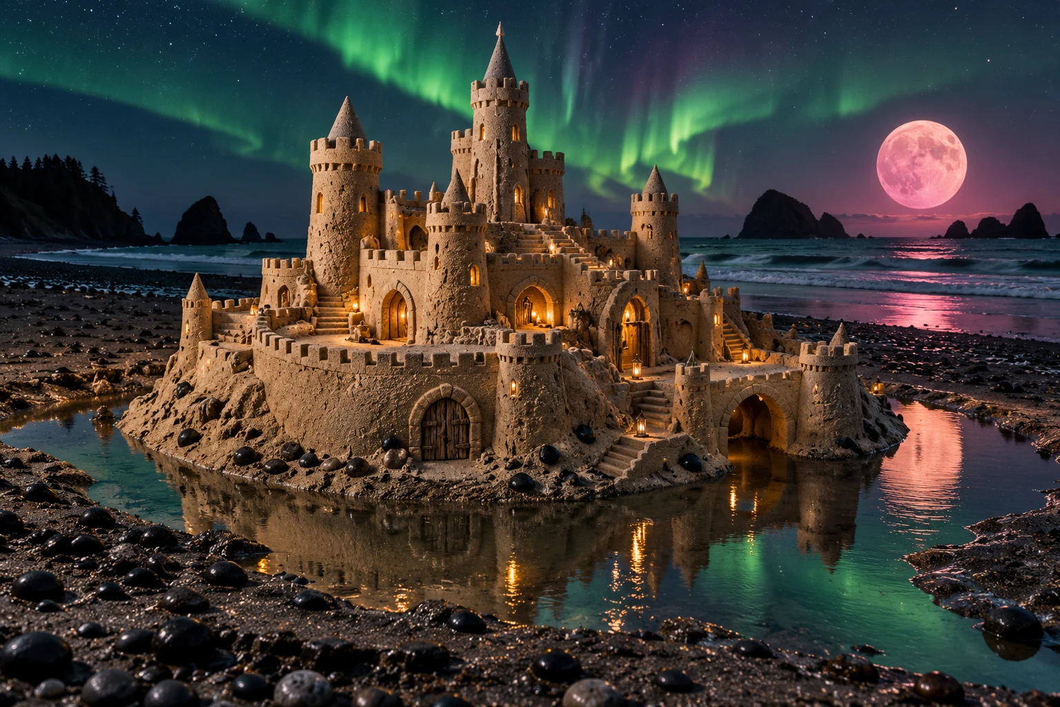 Moated sandcastle with lantern-lit stairs beneath a green aurora and pink moon.