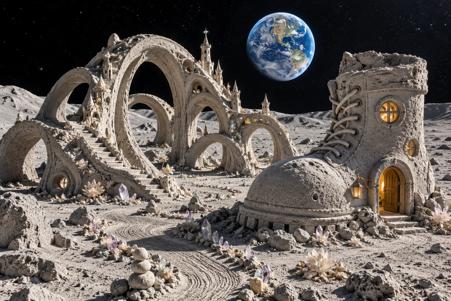 A boot-shaped sand cottage beside arched sand towers on a lunar landscape beneath Earth.