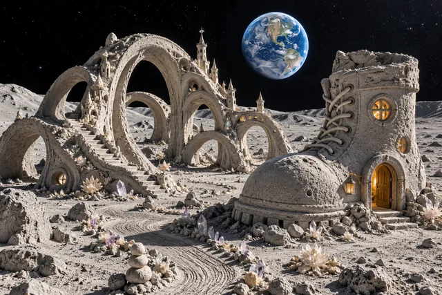 A boot-shaped sand cottage beside arched sand towers on a lunar landscape beneath Earth.