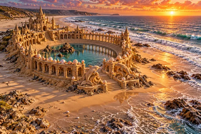 A golden sandcastle amphitheater surrounds a turquoise pool beside the ocean at sunset.