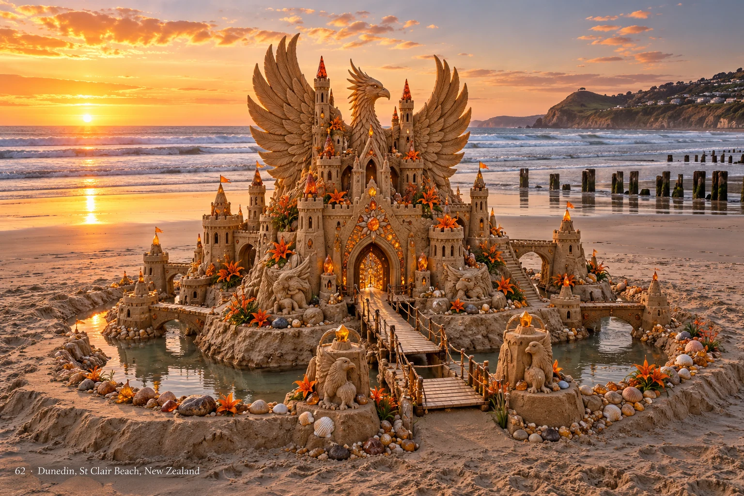 A phoenix-inspired sand palace with sculpted gate ornaments and coastal scenery at St Clair Beach.