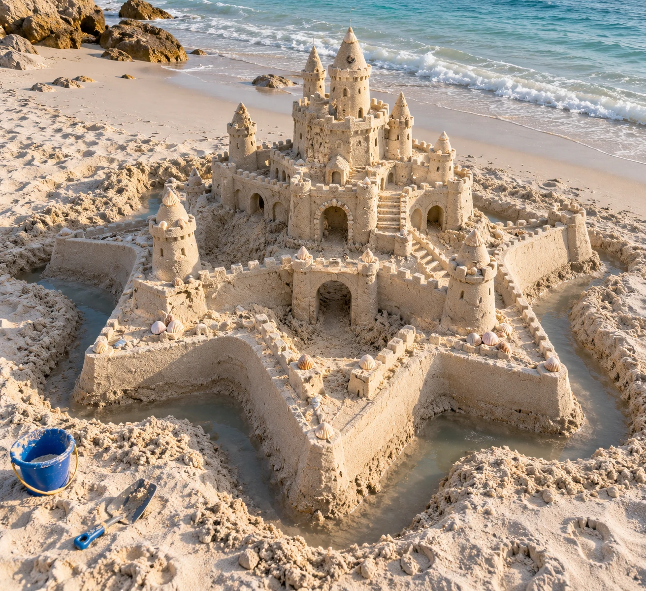 A sandcastle enclosed by star-shaped walls and turrets.