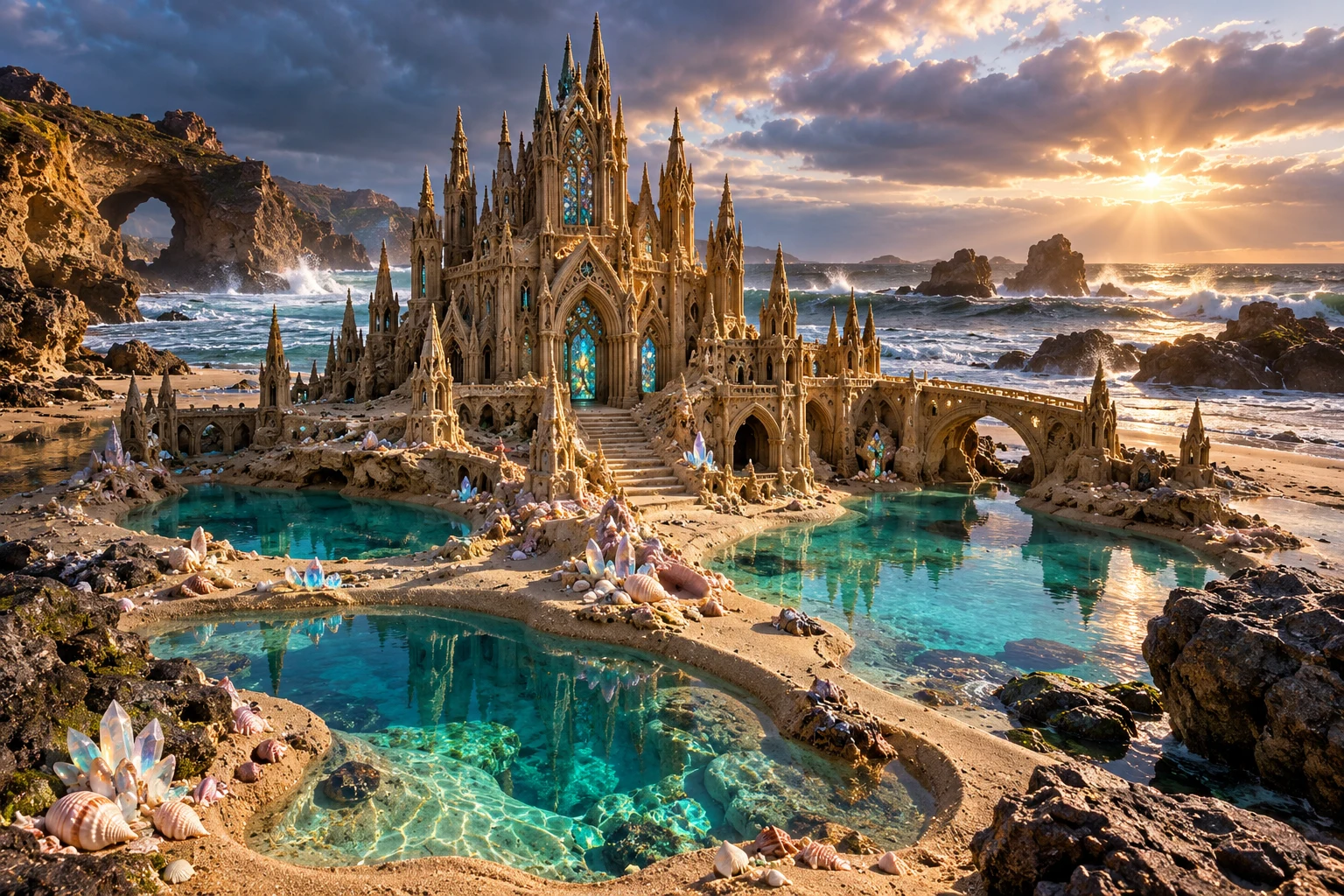 A Gothic sand cathedral with turquoise windows beside clear coastal pools.