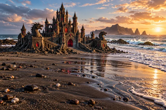 A dark volcanic sandcastle with dragon sculptures stands on a black-sand Pacific shore.