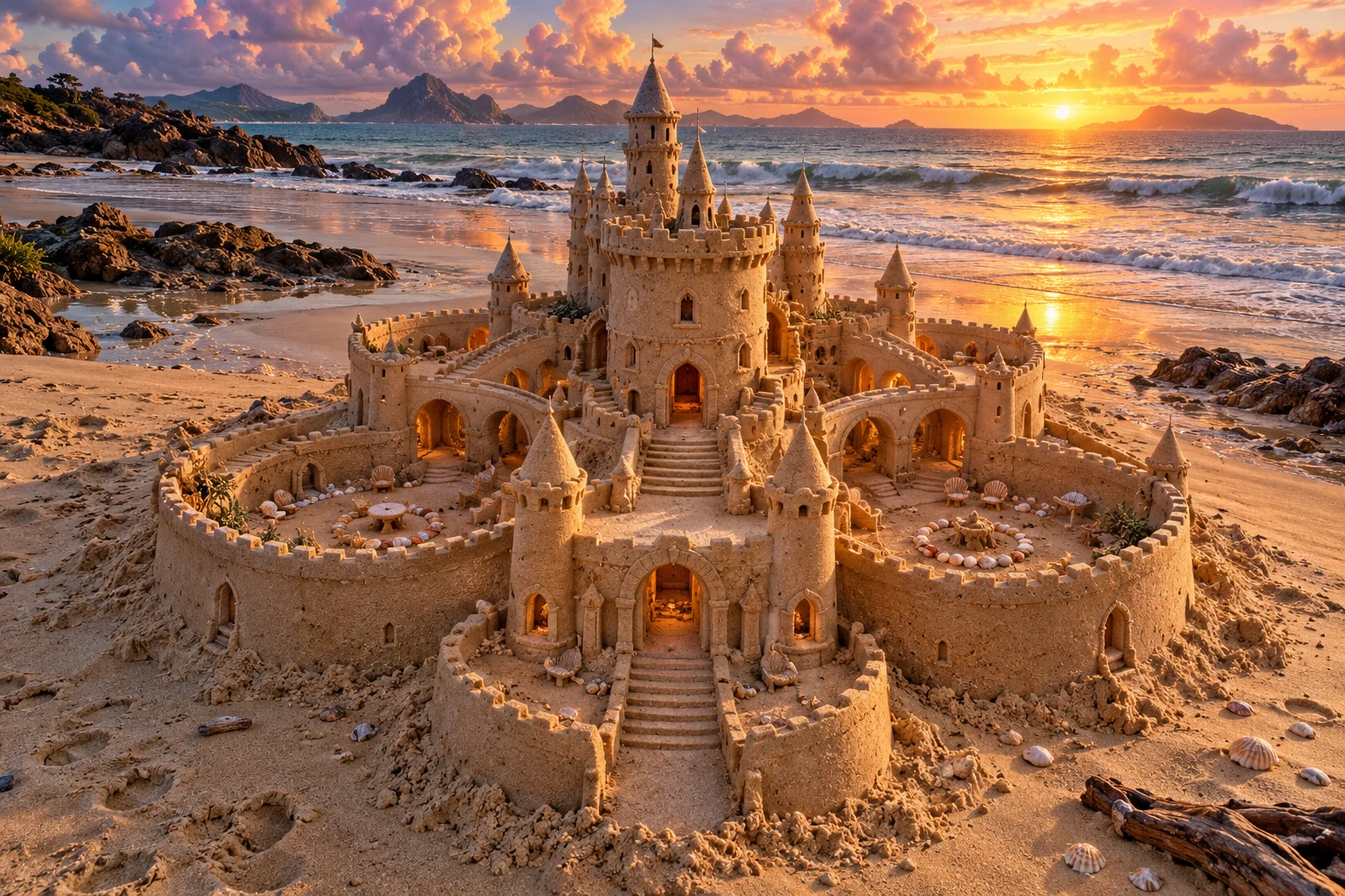 Sandcastle with curved courtyard walls and shell furniture beside a sunset sea.
