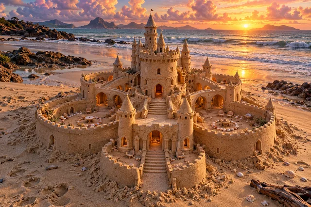 Sandcastle with curved courtyard walls and shell furniture beside a sunset sea.