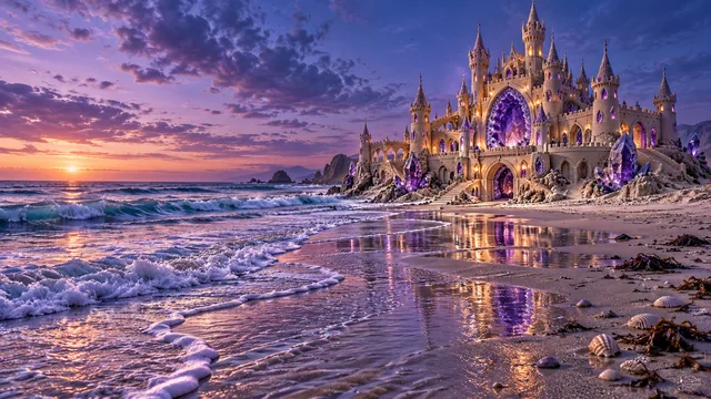 An amethyst sandcastle with glowing purple arches at the water’s edge after sunset.