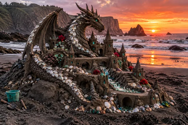 A black-sand dragon wraps around an emerald-accented fortress on a sunset beach.