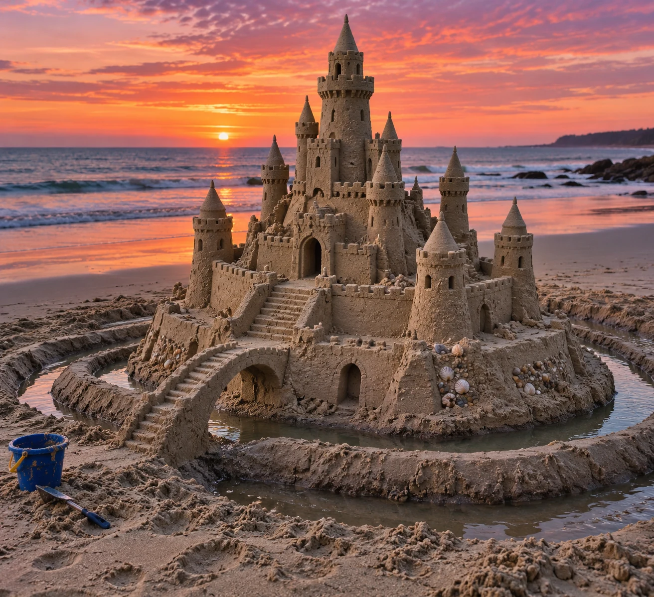 A tall sandcastle with pointed towers, bridges, and a shallow moat on a sunset beach.