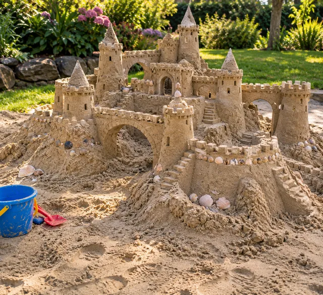 A sandcastle with multiple towers and arched bridges above a garden courtyard.
