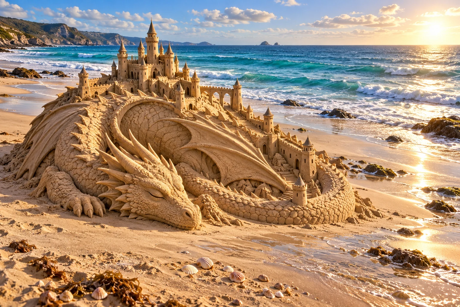A sleeping sand dragon curls around a golden sandcastle beside turquoise waves.