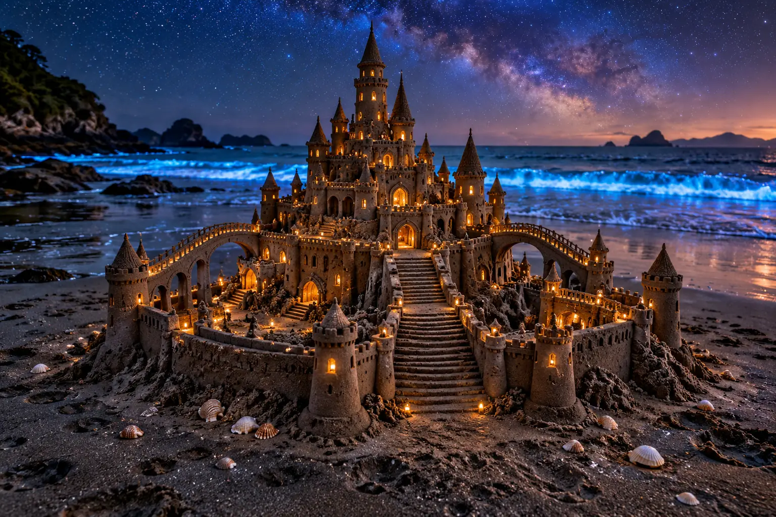 Starry Sandcastle with Glowing Windows.
