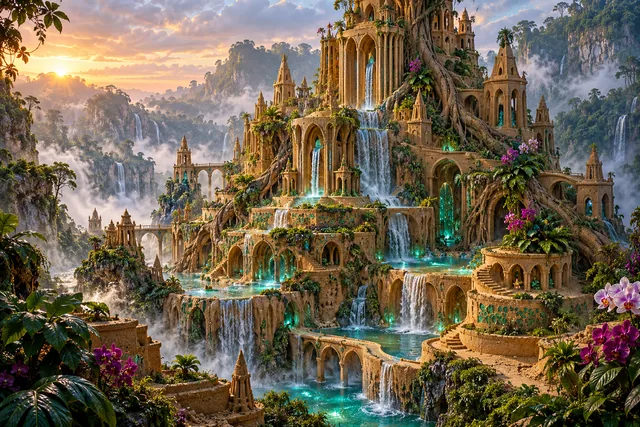 A lush jungle sandcastle temple with hanging vines and waterfalls above turquoise pools.