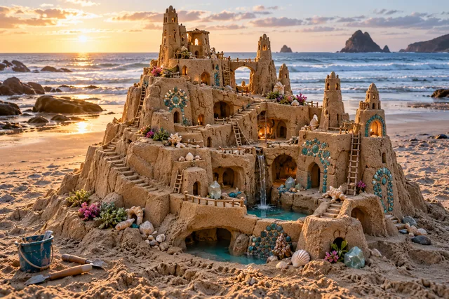 A terracotta sand pueblo with ladders, stepped terraces, arched doorways, and small pools.
