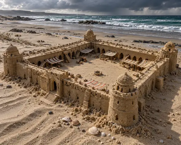 Wind-carved sand caravanserai by the sea.