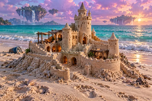 White sandcastle with terraces beside turquoise water and floating islands at sunset.