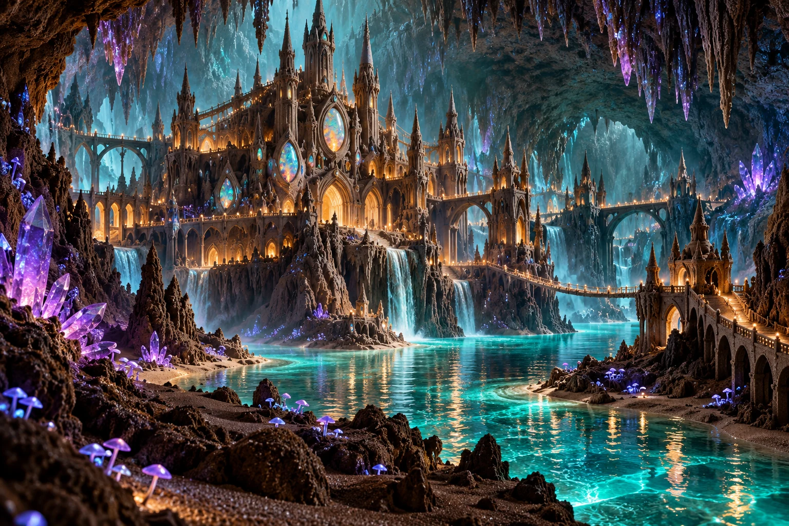An illuminated sandcastle stretches across a crystal cavern above a glowing turquoise lagoon.