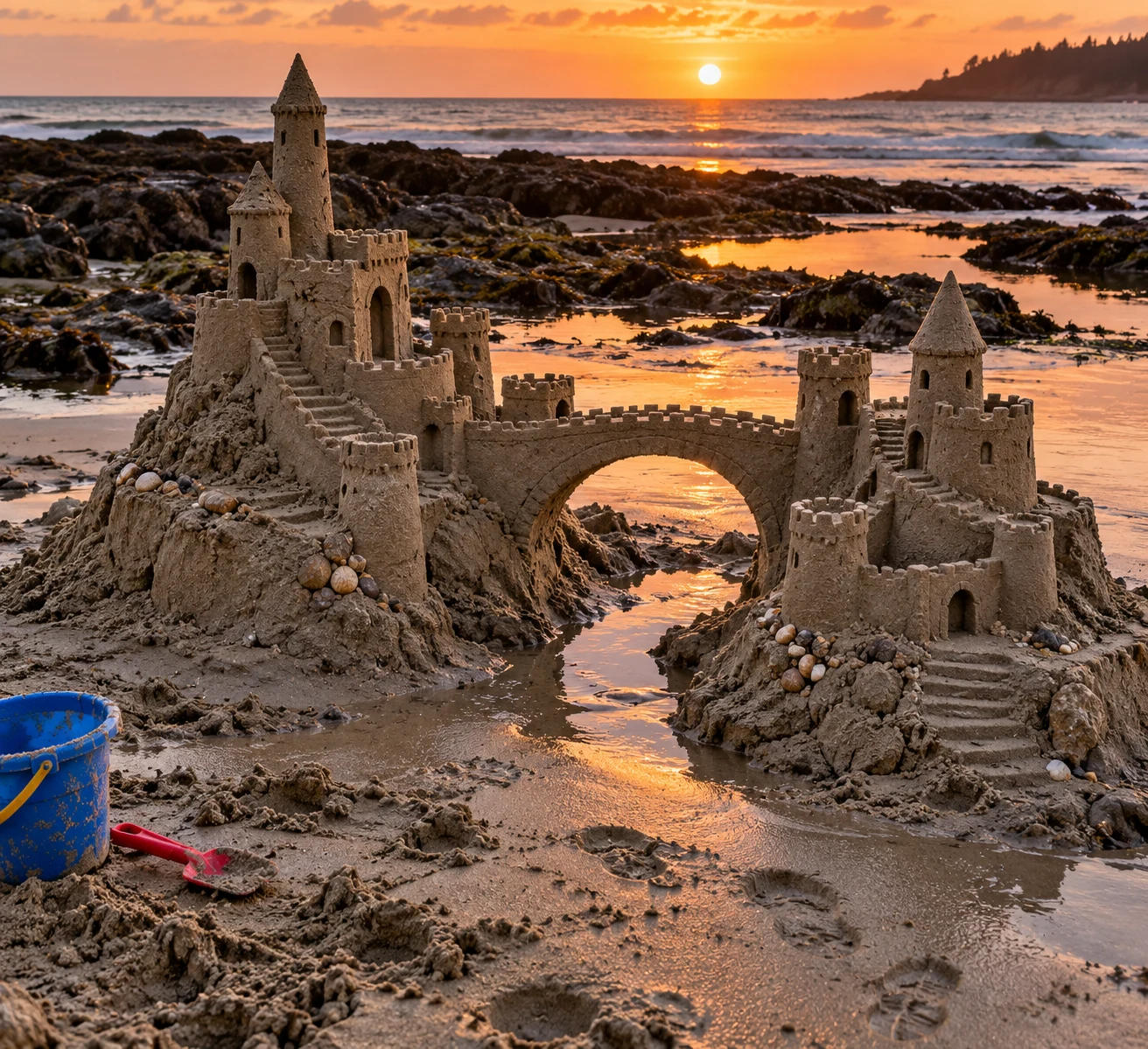 Two sandcastle islands linked by a bridge beside clear tide pools.