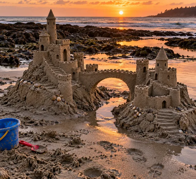 Two sandcastle islands linked by a bridge beside clear tide pools.