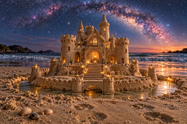Lantern-lit sandcastle with a moat and central stairway beneath the Milky Way.