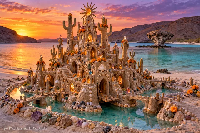 A cactus-inspired sandcastle with golden windows, orange flowers and a turquoise moat at sunset.