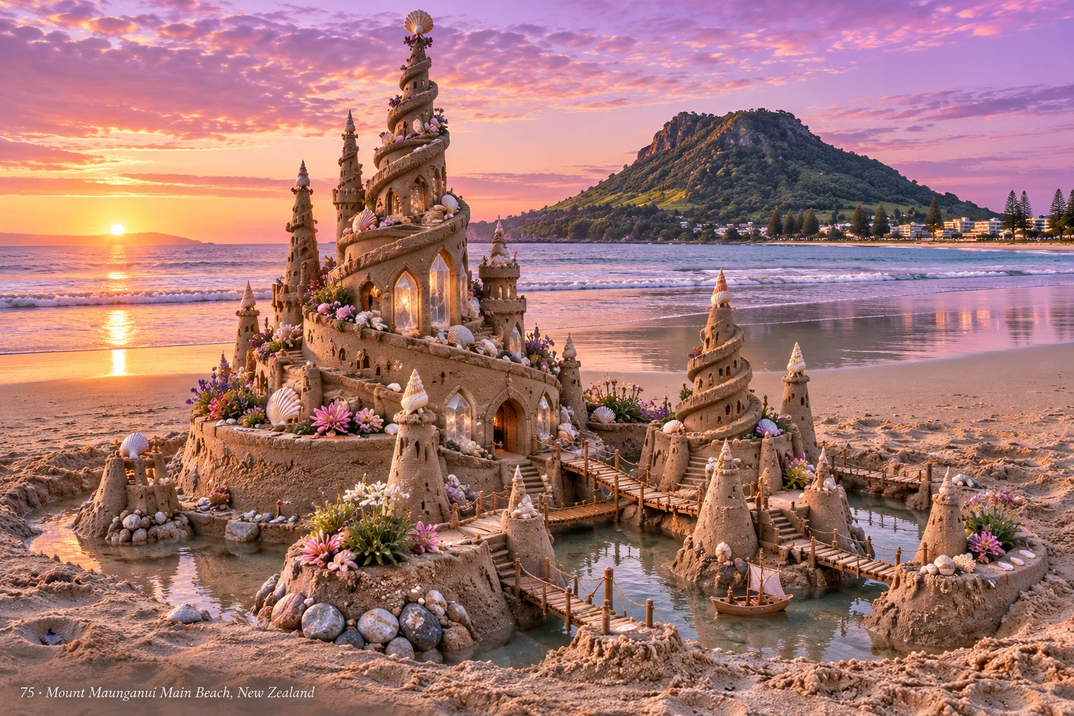 An ornate sandcastle beside the sea with Mauao rising in the background.