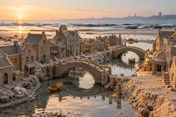 Miniature Sand Canal Town at Sunrise.