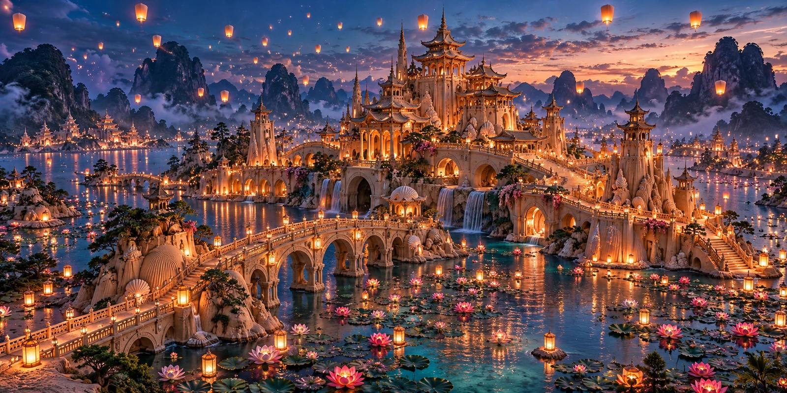 A lanternlit sandcastle with bridges and waterways beneath a blue-and-gold twilight sky.