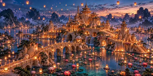 A lanternlit sandcastle with bridges and waterways beneath a blue-and-gold twilight sky.