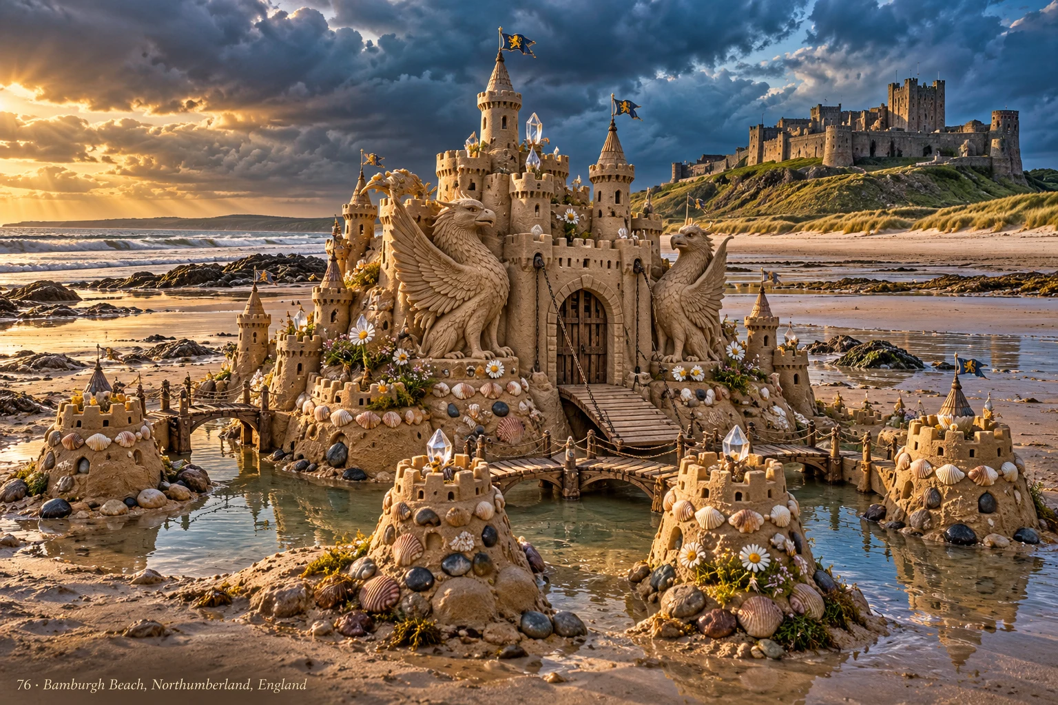 A sandcastle with integrated griffin sculptures and the Bamburgh coastline in the background.