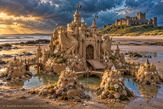 A sandcastle with integrated griffin sculptures and the Bamburgh coastline in the background.