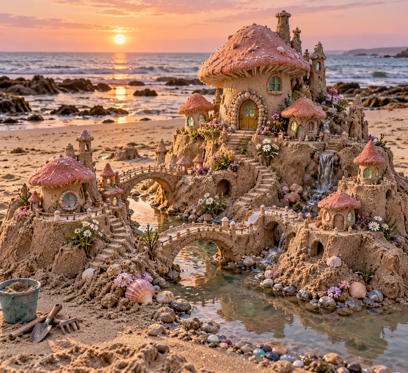 A pink mushroom sand village with round windows, winding stairs, and flowers at dawn.