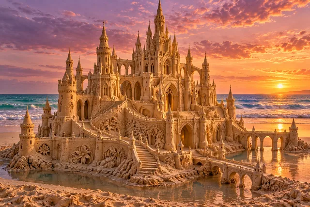 Golden Sand Palace at Sunset. A detailed sandcastle scene beside the sea.