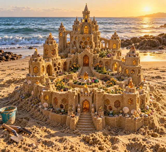 A honeycomb sandcastle with golden windows and flowers beside the sea.