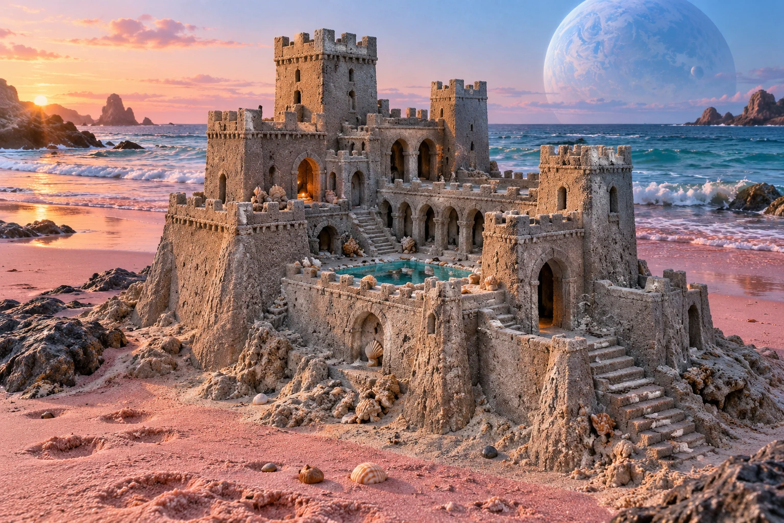 Blue-gray sandcastle with square towers and a courtyard pool beneath a large blue planet.