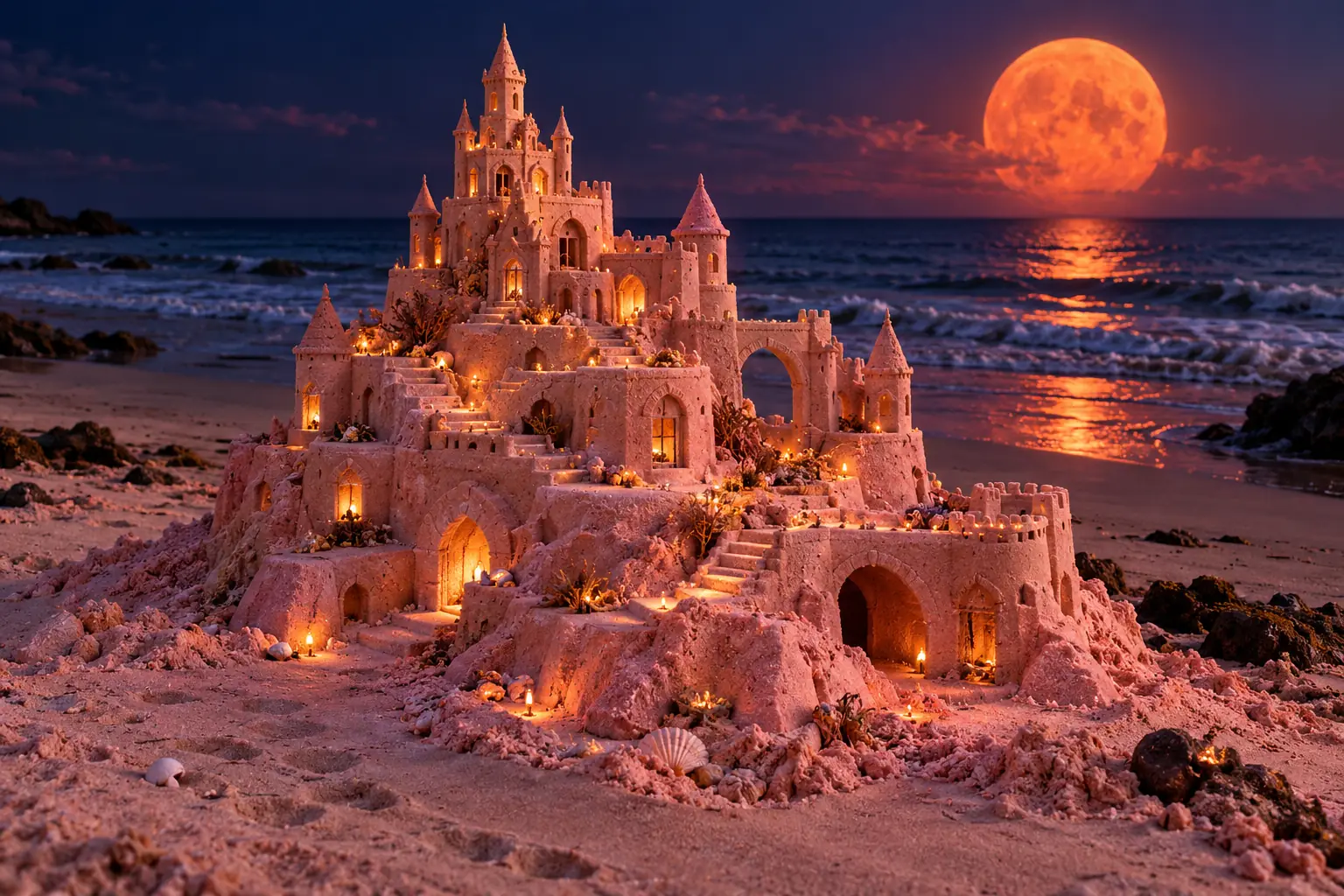 Pink Sandcastle Beneath an Orange Moon.