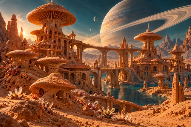 An orange sand city with mushroom-shaped towers and bridges beneath a ringed planet.