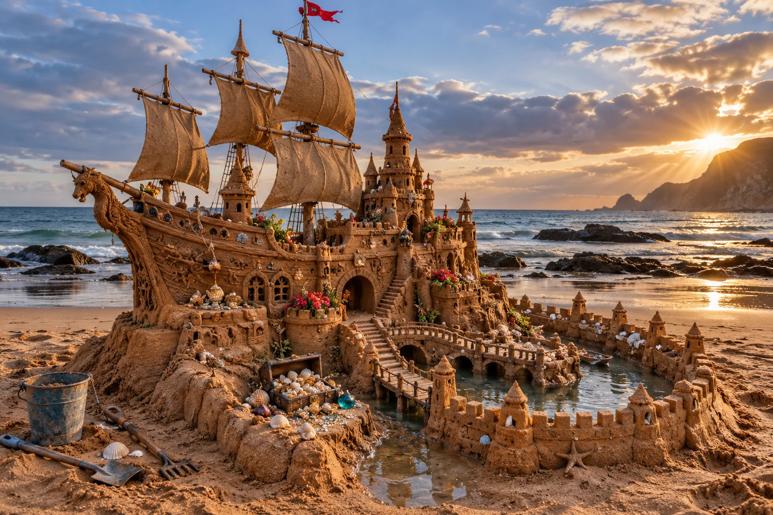 A red-sand pirate galleon castle with carved sails, turrets, and ocean-facing terraces.
