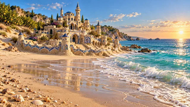 A blue-and-white mosaic sandcastle beside a sunny Mediterranean-style shore.