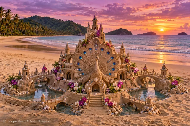 A peacock-inspired sand palace with ornate towers and coastal scenery at Nacpan Beach.