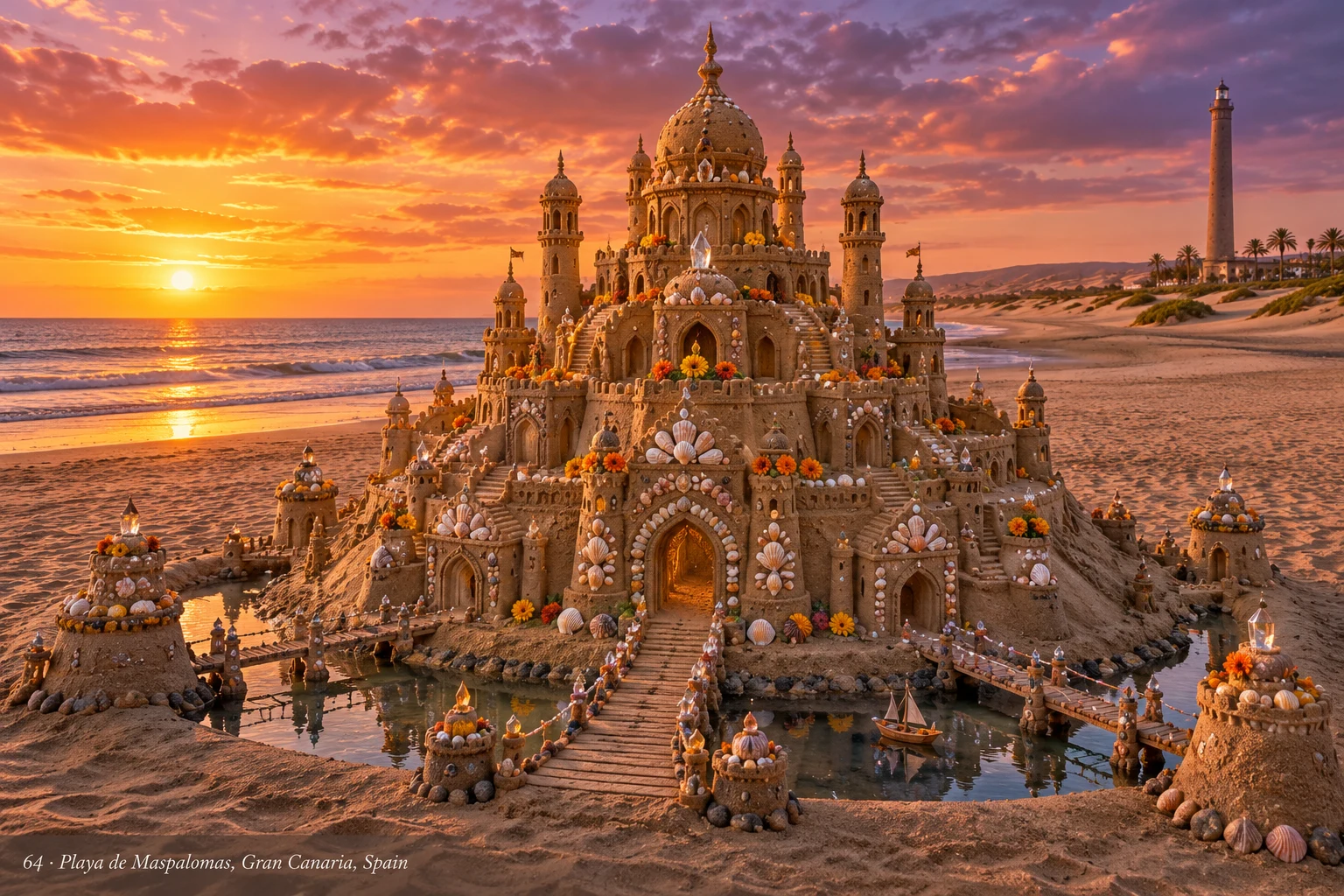 An elaborate sand palace with warm sunset light and coastal scenery at Maspalomas.