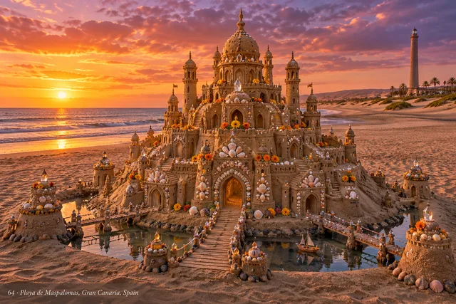 An elaborate sand palace with warm sunset light and coastal scenery at Maspalomas.