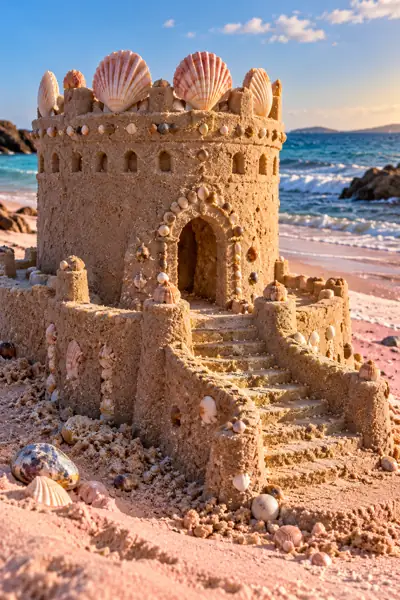 Shell-Crowned Sand Keep by Cobalt Sea.