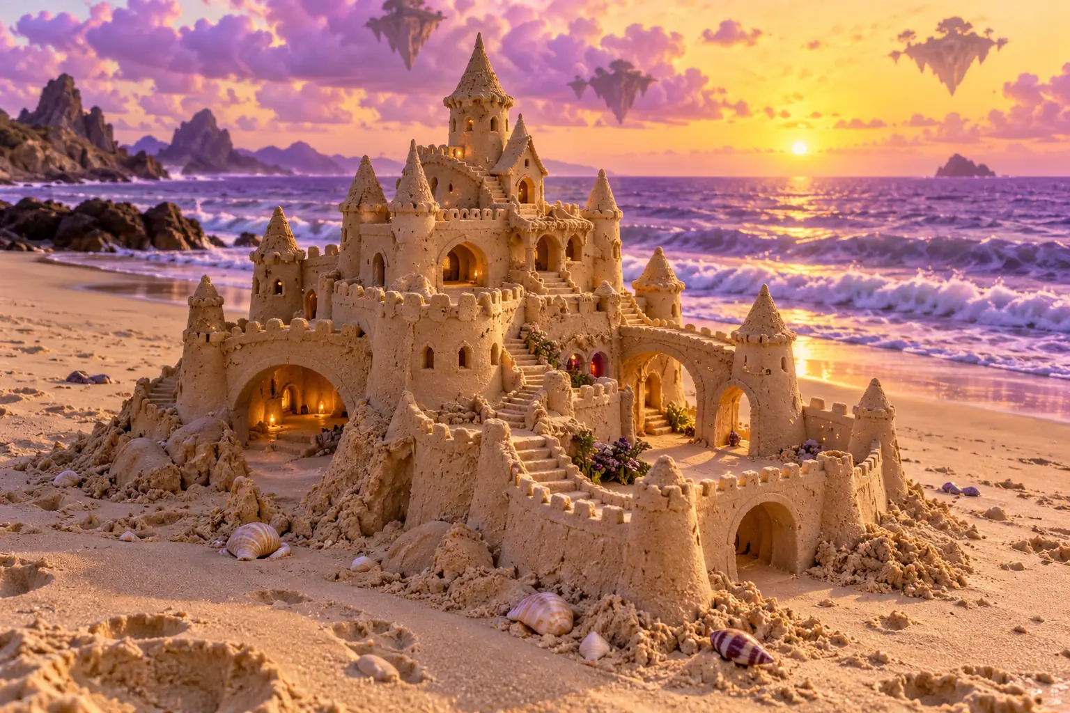 Handmade Sandcastle on a Dreamlike Violet Shore.