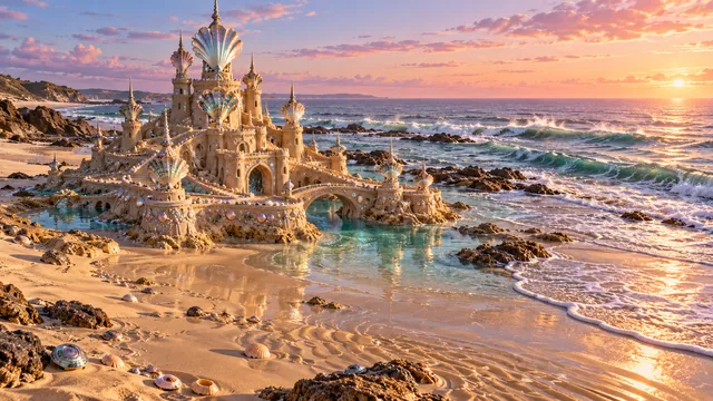 An iridescent sandcastle with pastel towers and a turquoise pool on a rosy sunset shore.
