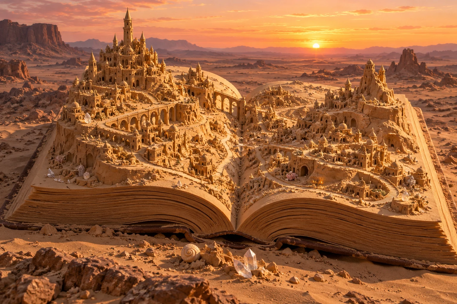 A sand city with towers and bridges rising from the pages of an open book.