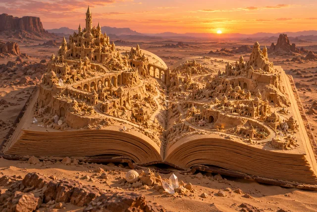 A sand city with towers and bridges rising from the pages of an open book.