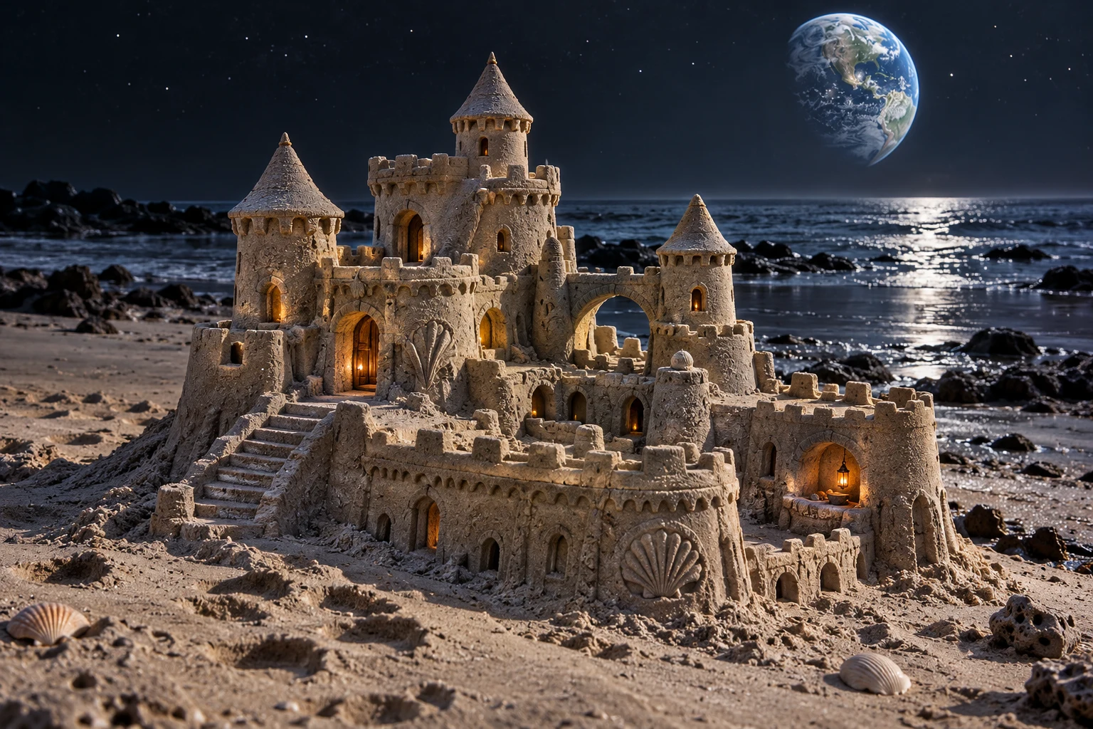 Silver-toned sandcastle with shell reliefs beneath an Earth-like planet at night.
